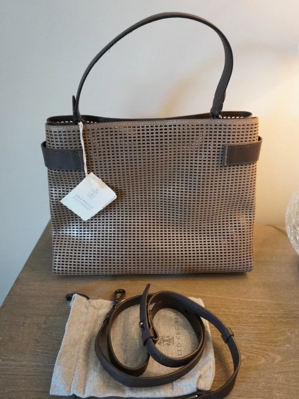 Brunello Cucinelli Essence Bag Brown Metallic Top Handle Monili Crossbody New